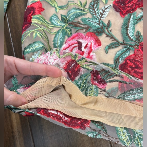 Size M Mock Neck Long Sleeve Mini Dress 3D Flowers Bodycon Tulle Red Pink Green - Picture 7 of 14